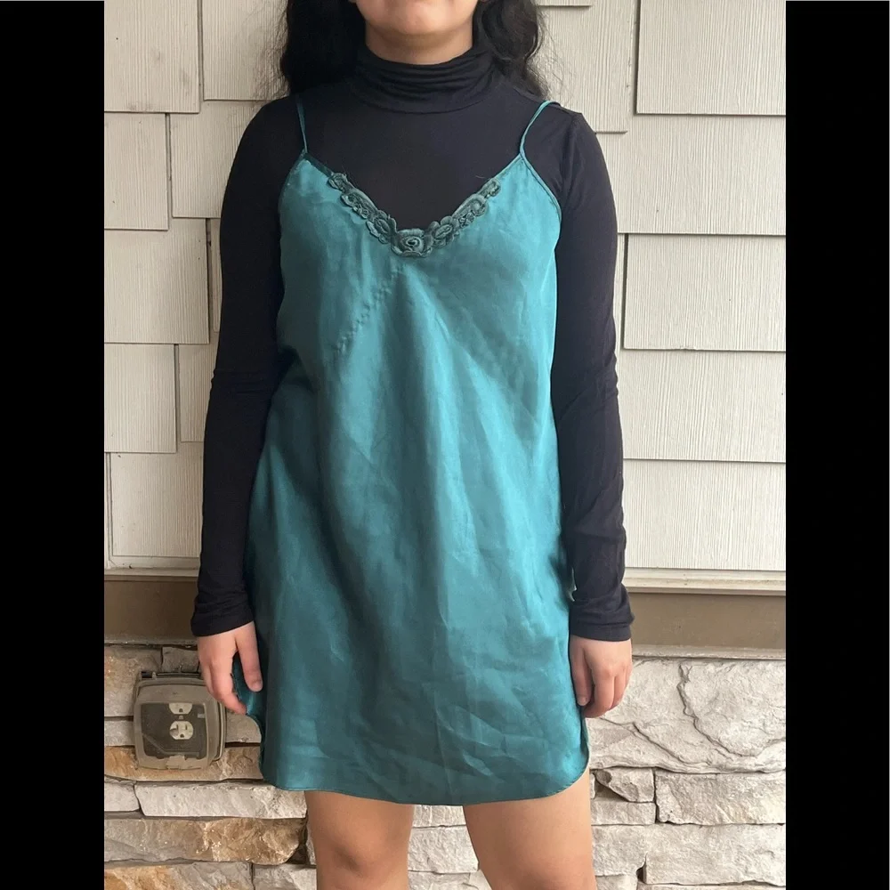 Silky Slip Mini Dress in Teal - Picture 1 of 5